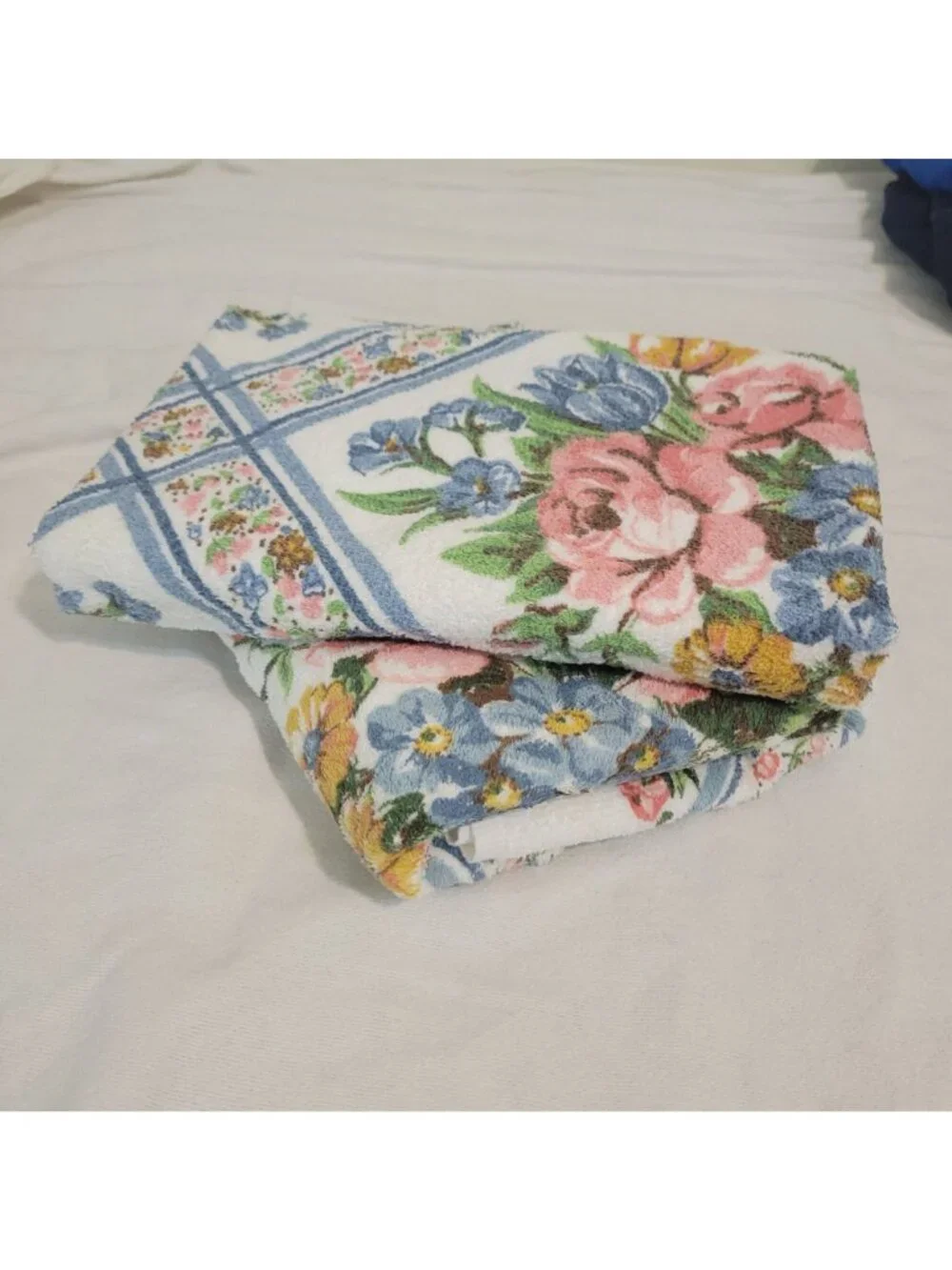 Vtg Lady Pepperell Floral Bath Towel Set Cotton Blend Fringe Blue Pink Made In U